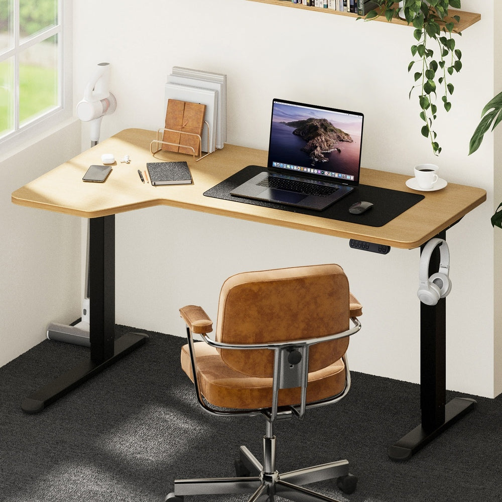 L-Shaped Electric Standing Desk Single Motor 145CM Black and Oak