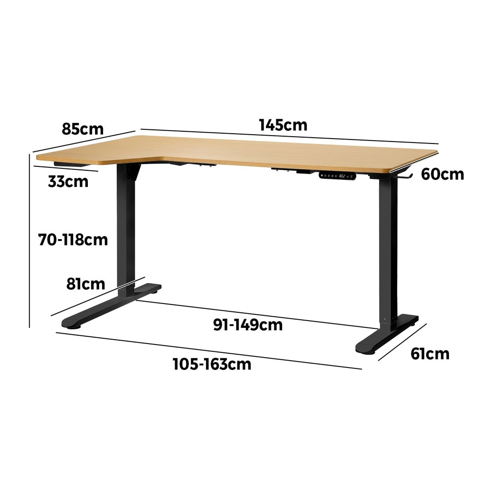 L-Shaped Electric Standing Desk Single Motor 145CM Black and Oak