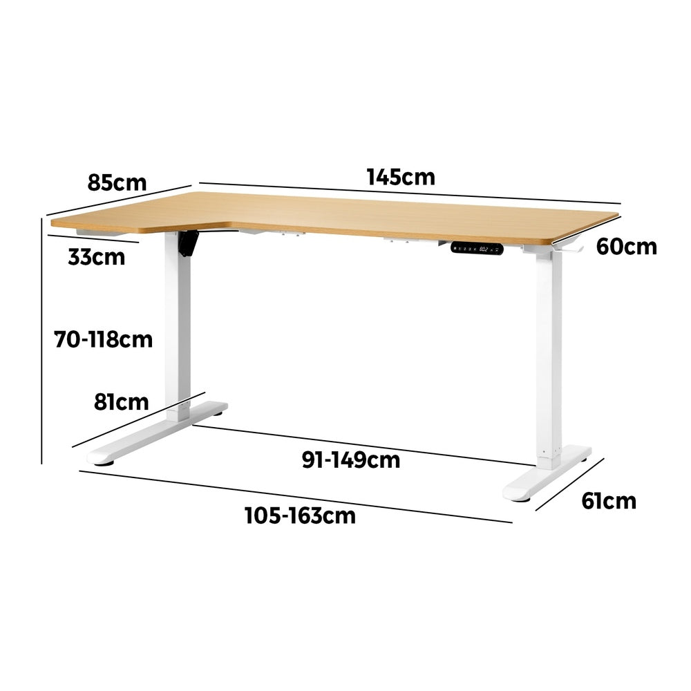 L-Shaped Electric Standing Desk Single Motor 145CM White and Oak