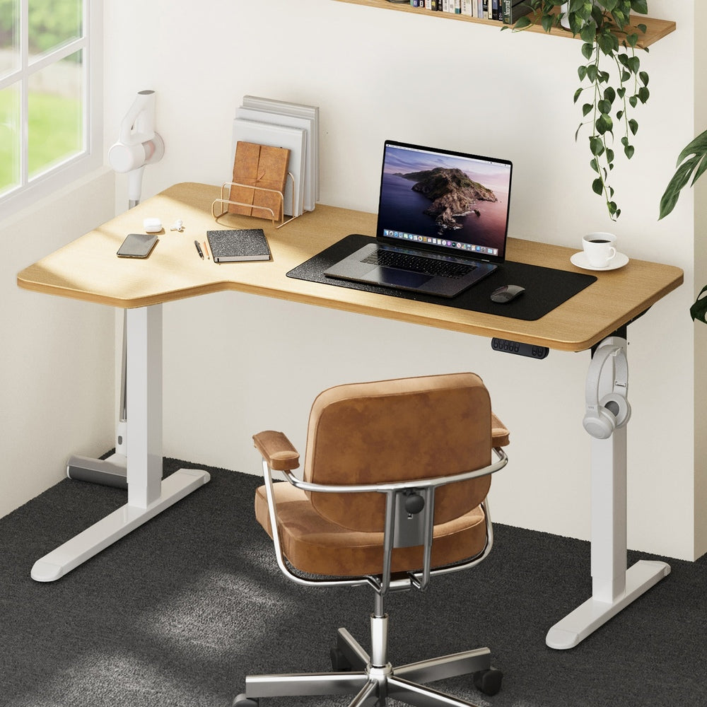 L-Shaped Electric Standing Desk Single Motor 145CM White and Oak
