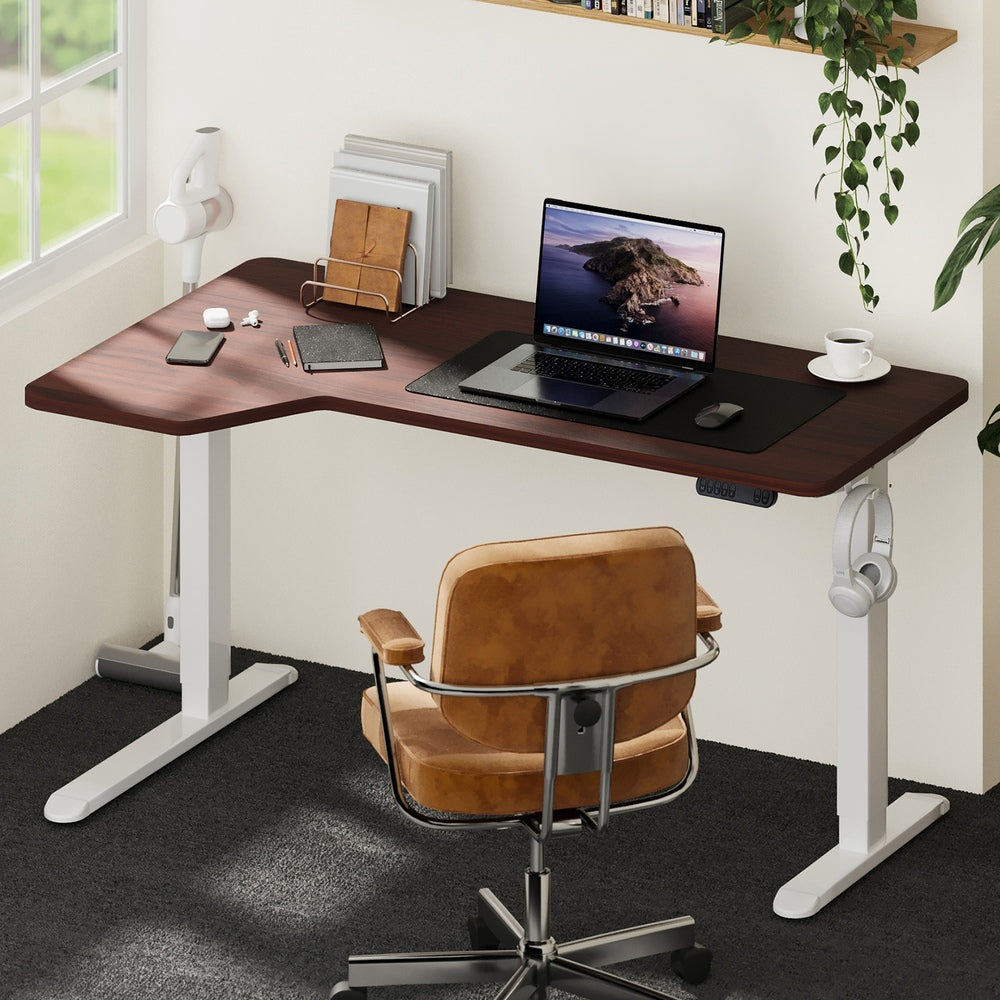 L-Shaped Electric Standing Desk Single Motor 145CM White and Walnut