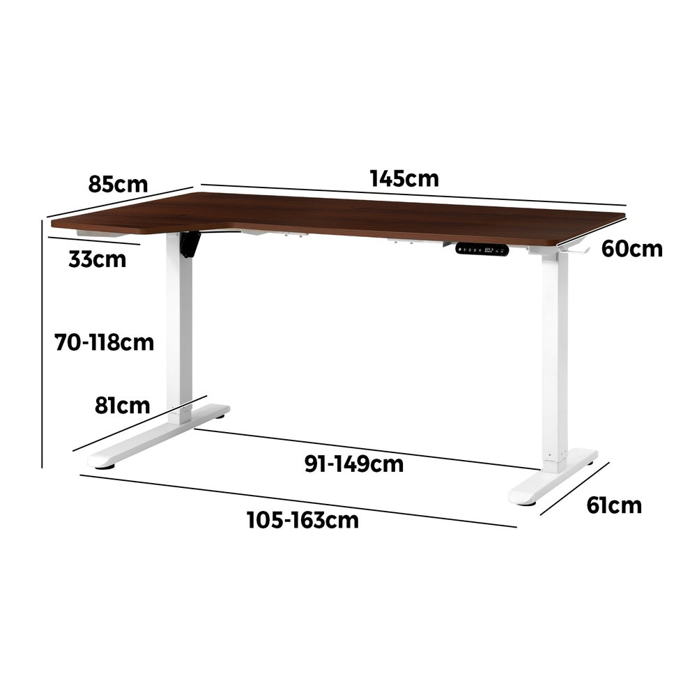 L-Shaped Electric Standing Desk Single Motor 145CM White and Walnut